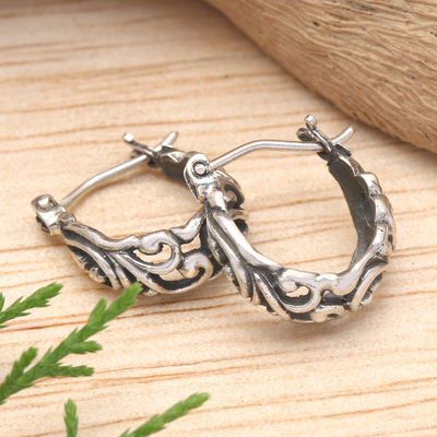 Sterling silver hoop earrings, 'Blowing Winds' - Polished and Oxidized Windy Sterling Silver Hoop Earrings