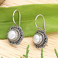 Cultured pearl drop earrings, 'Iridescent Flower' - Floral Sterling Silver Drop Earrings with Cultured Pearls