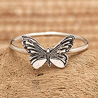 Sterling silver cocktail ring, 'Fluttering Life' - Inspirational Butterfly-Themed Sterling Silver Cocktail Ring
