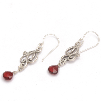 Garnet dangle earrings, 'Romantic Nature' - Vine-Shaped Natural Garnet Sterling Silver Dangle Earrings