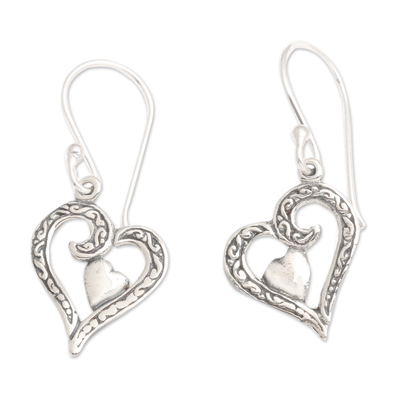 Sterling silver dangle earrings, 'Swinging Heart' - Polished Heart-Shaped Sterling Silver Dangle Earrings