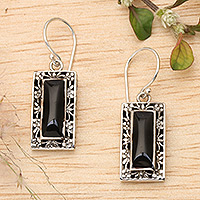 Sterling silver and resin dangle earrings, 'Night Mirror' - Floral Sterling Silver and Black Resin Dangle Earrings