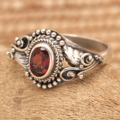 Garnet cocktail ring, 'Summer Crown' - Polished Classic Faceted Garnet Cocktail Ring from Bali