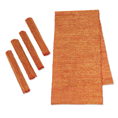 Cotton blend table runner and placemats, 'Warm Aroma' (5 pieces) - Orange Cotton Blend Table Runner and Placemats (5 Pieces)