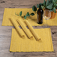 Cotton blend table runner and placemats, 'Yellow Aroma' (5 pieces) - Yellow Cotton Blend Table Runner and Placemats (5 Pieces)