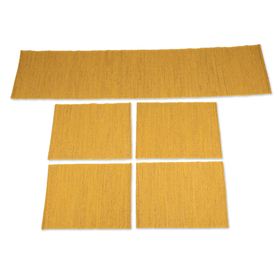 Cotton blend table runner and placemats, 'Yellow Aroma' (5 pieces) - Yellow Cotton Blend Table Runner and Placemats (5 Pieces)