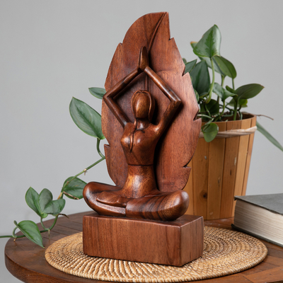 Wood sculpture, 'Parvatasana Pose' - Hand-Carved Parvatasana Yoga Pose Suar Wood Sculpture