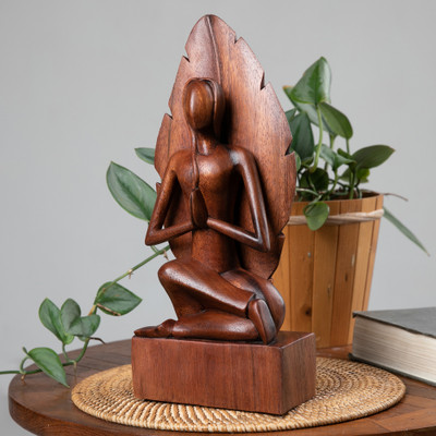 Wood sculpture, 'Yoga Portrait' - Hand-Carved Yoga Pose Suar Wood Sculpture from Bali