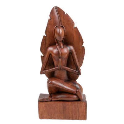 Wood sculpture, 'Yoga Portrait' - Hand-Carved Yoga Pose Suar Wood Sculpture from Bali