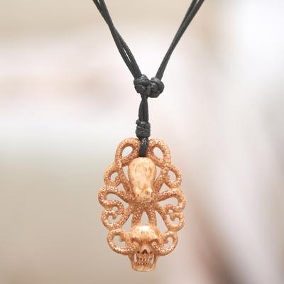 Hand-carved cord pendant necklace, 'King of Depths' - Hand-Carved Kraken-Themed Cotton Cord Pendant Necklace