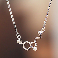 Sterling silver pendant necklace, 'Dopamine' - Dopamine Chemical Structure-Shaped Silver Pendant Necklace