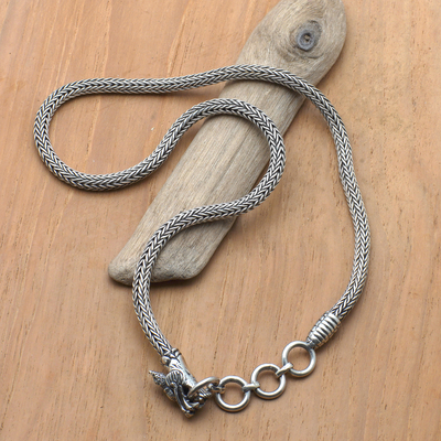 Men's sterling silver pendant necklace, 'Dragon Grandeur' - Men's Sterling Silver Dragon-Themed Braided Pendant Necklace