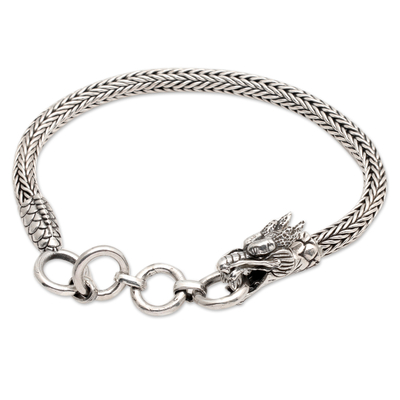 Men's sterling silver pendant bracelet, 'Dragon Grandeur' - Men's Sterling Silver Dragon-Themed Braided Pendant Bracelet