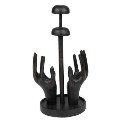 Wood jewelry stand, 'Nocturnal Majesty' - Hand-Carved Black Jempinis Wood Jewelry Stand