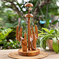 Wood jewellery stand, 'Morning Majesty' - Hand-Carved Natural Brown Jempinis Wood jewellery Stand