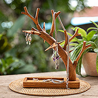 Wood jewellery stand, 'Sylvan Enchantment' - Tree-Shaped Natural Brown Jempinis Wood jewellery Stand
