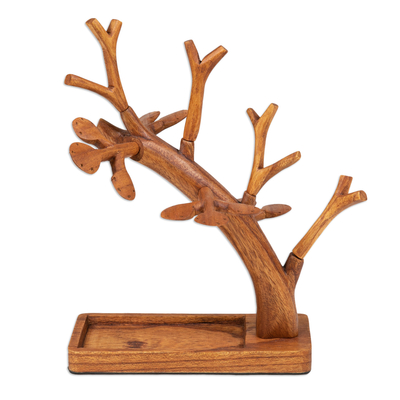 Wood jewelry stand, 'Sylvan Enchantment' - Tree-Shaped Natural Brown Jempinis Wood Jewelry Stand