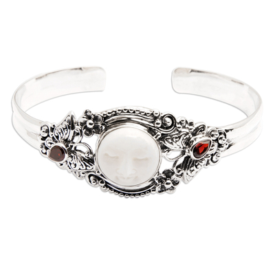 Garnet cuff bracelet, 'Moon and Nature' - Sterling Silver Garnet Butterfly and Moon Cuff Bracelet