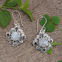 Garnet and rainbow moonstone dangle earrings, 'Lunar Passion'