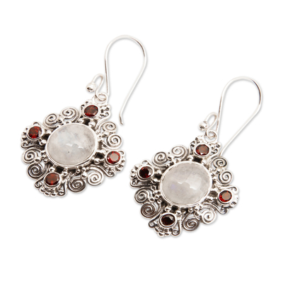 Garnet and rainbow moonstone dangle earrings, 'Lunar Passion' - Classic 2-Carat Garnet and Rainbow Moonstone Dangle Earrings