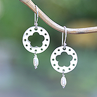 Cultured pearl dangle earrings, 'Celestial Frangipani' - Floral Round Cultured Pearl Dangle Earrings from Bali