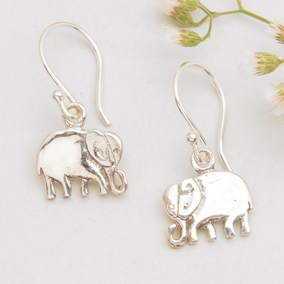 Sterling silver dangle earrings, 'Young Elephants' - Polished Elephant-Themed Sterling Silver Dangle Earrings