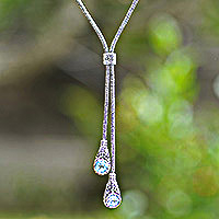 Blue topaz lariat necklace, 'Sacred Tears' - Classic 11-Carat Faceted Blue Topaz Lariat Necklace