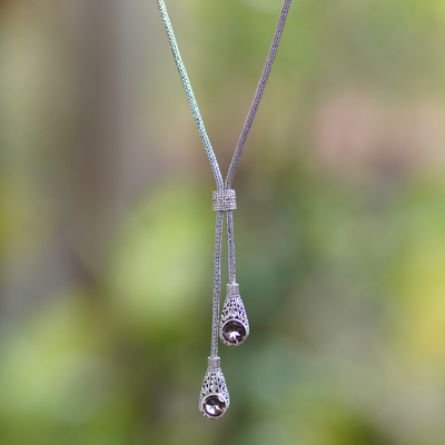 Smoky quartz lariat necklace, 'Sacred Ethereal Tears' - Classic Six-Carat Faceted Smoky Quartz Lariat Necklace