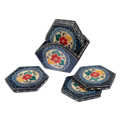 Wood batik coasters, 'Indigo Memory' (set of 6) - Set of 6 Floral Indigo Wadang Wood Batik Coasters and Stand