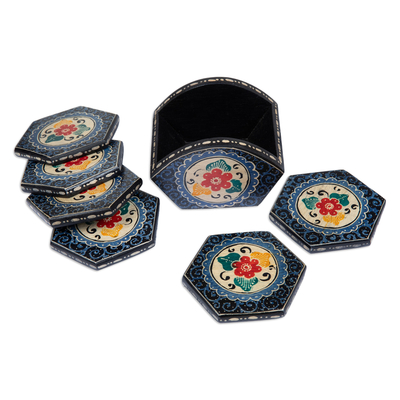 Wood batik coasters, 'Indigo Memory' (set of 6) - Set of 6 Floral Indigo Wadang Wood Batik Coasters and Stand