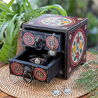Batik wood jewellery chest, 'Summer Palace' - Handcrafted Red-Toned Batik Ganitri Wood jewellery Chest