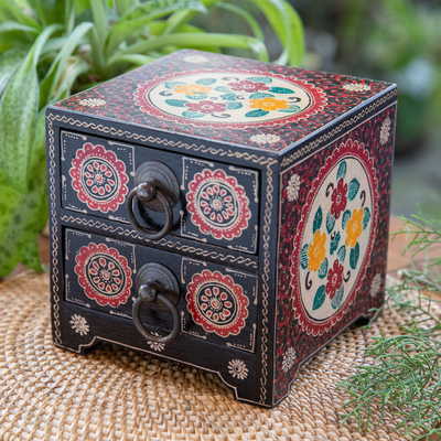 Batik wood jewelry chest, 'Summer Palace' - Handcrafted Red-Toned Batik Ganitri Wood Jewelry Chest