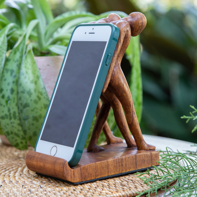 Wood phone holder, 'Strong Brotherhood' - Handcrafted Inspirational Jempinis Wood Phone Holder