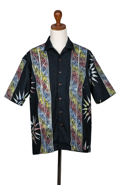 Men's cotton batik shirt, 'Dark Chakra' - Men's Short-Sleeved Chakra-Themed Batik Cotton Button Shirt
