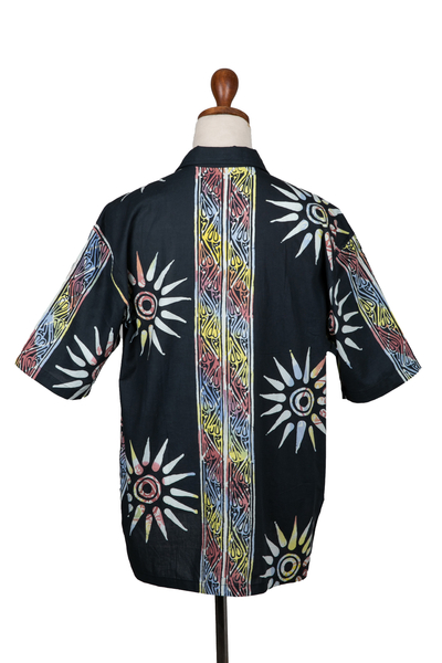 Men's cotton batik shirt, 'Dark Chakra' - Men's Short-Sleeved Chakra-Themed Batik Cotton Button Shirt