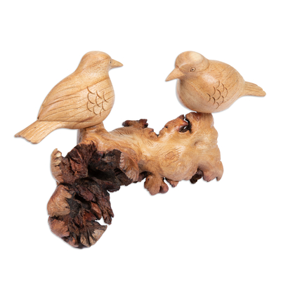 Wood sculpture, 'Honeymoon Sparrow' - Handcrafted Romantic Jempinis and Benalu Wood Bird Sculpture