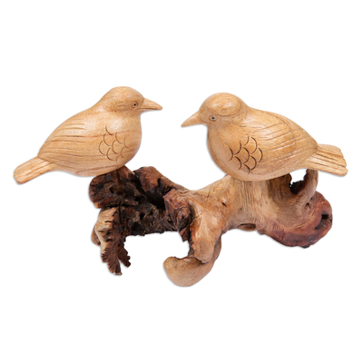 Wood sculpture, 'Honeymoon Sparrow' - Handcrafted Romantic Jempinis and Benalu Wood Bird Sculpture