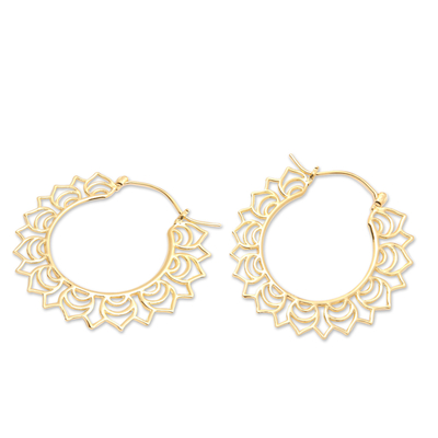 Gold-plated hoop earrings, 'Sanur Dawn' - High-Polished Sun-Shaped 18k Gold-Plated Hoop Earrings