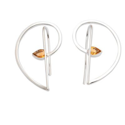 Citrine drop earrings, 'Melody of the Heart in Yellow' - Half-Heart Shaped Sterling Silver and Citrine Drop Earrings