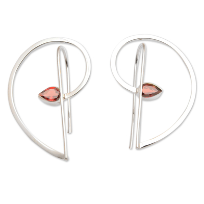 Garnet drop earrings, 'Melody of the Heart in Red' - Half-Heart Shaped Sterling Silver and Garnet Drop Earrings