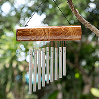 Carillón de viento de bambú, 'Early Morning Song' - Carillón de viento de bambú en marrón con tubos de aluminio de Bali
