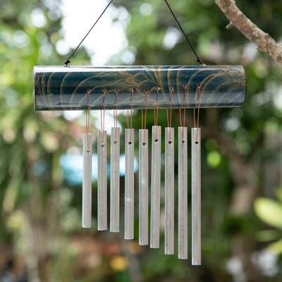 Bamboo wind chime, 'Early Morning Song in Blue' - Bamboo Wind Chime in Blue with Nine Aluminum Pipes from Bali