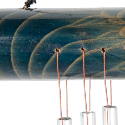 Bamboo wind chime, 'Early Morning Song in Blue' - Bamboo Wind Chime in Blue with Nine Aluminum Pipes from Bali