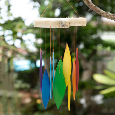Bamboo and glass wind chime, 'Rainbow Tunes' - Handcrafted Rainbow Glass and Bamboo Wind Chime from Bali