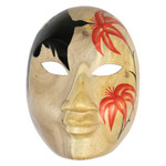 Wood mask, 'Hibiscus Lady' - Wood Wall Mask with Hand-Painted Floral and Bird Motifs
