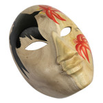 Wood mask, 'Hibiscus Lady' - Wood Wall Mask with Hand-Painted Floral and Bird Motifs