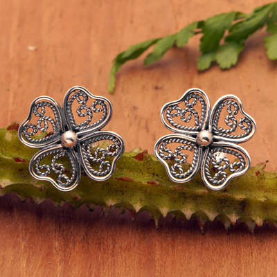 Sterling silver button earrings, 'Balinese Clover' - Lucky Four-Leaf Clover Openwork Silver Button Earrings