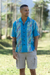 Men's cotton batik shirt, 'Tropical Breeze' - Men's Chakra-Themed Batik Cotton Button Shirt in Light Blue