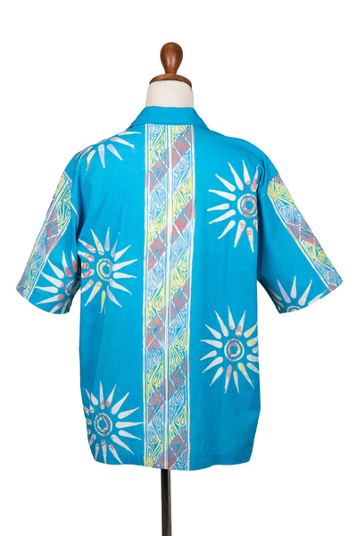 Men's cotton batik shirt, 'Tropical Breeze' - Men's Chakra-Themed Batik Cotton Button Shirt in Light Blue