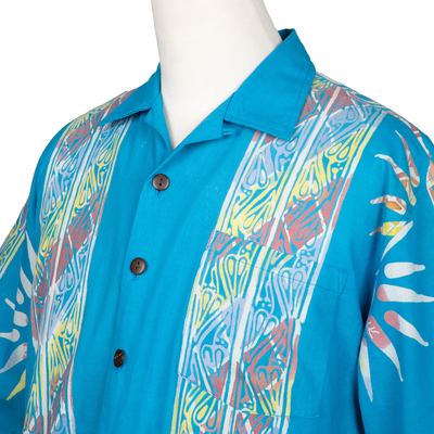 Camisa batik de algodón para hombre. - Camisa con botones de algodón batik con temática de chakras para hombre en azul claro
